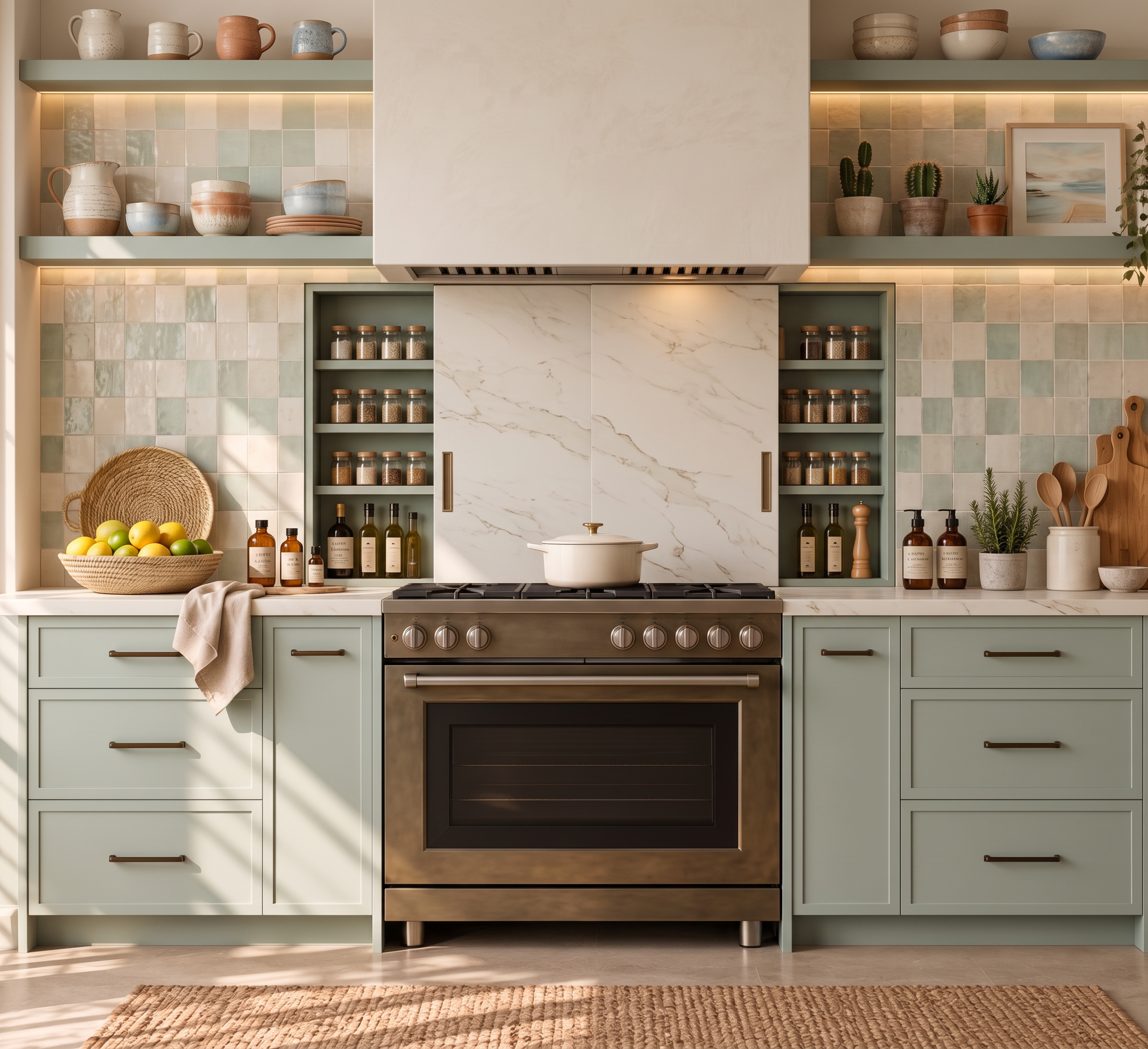 Warm California Casual Kitchen with Central Island | ArchitectGPT