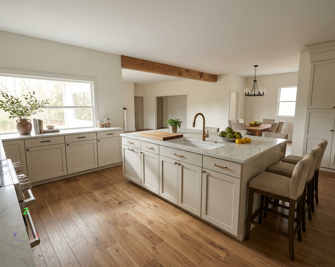 AI-Generated Transitional Kitchen with Island and Wood Beam | ArchitectGPT