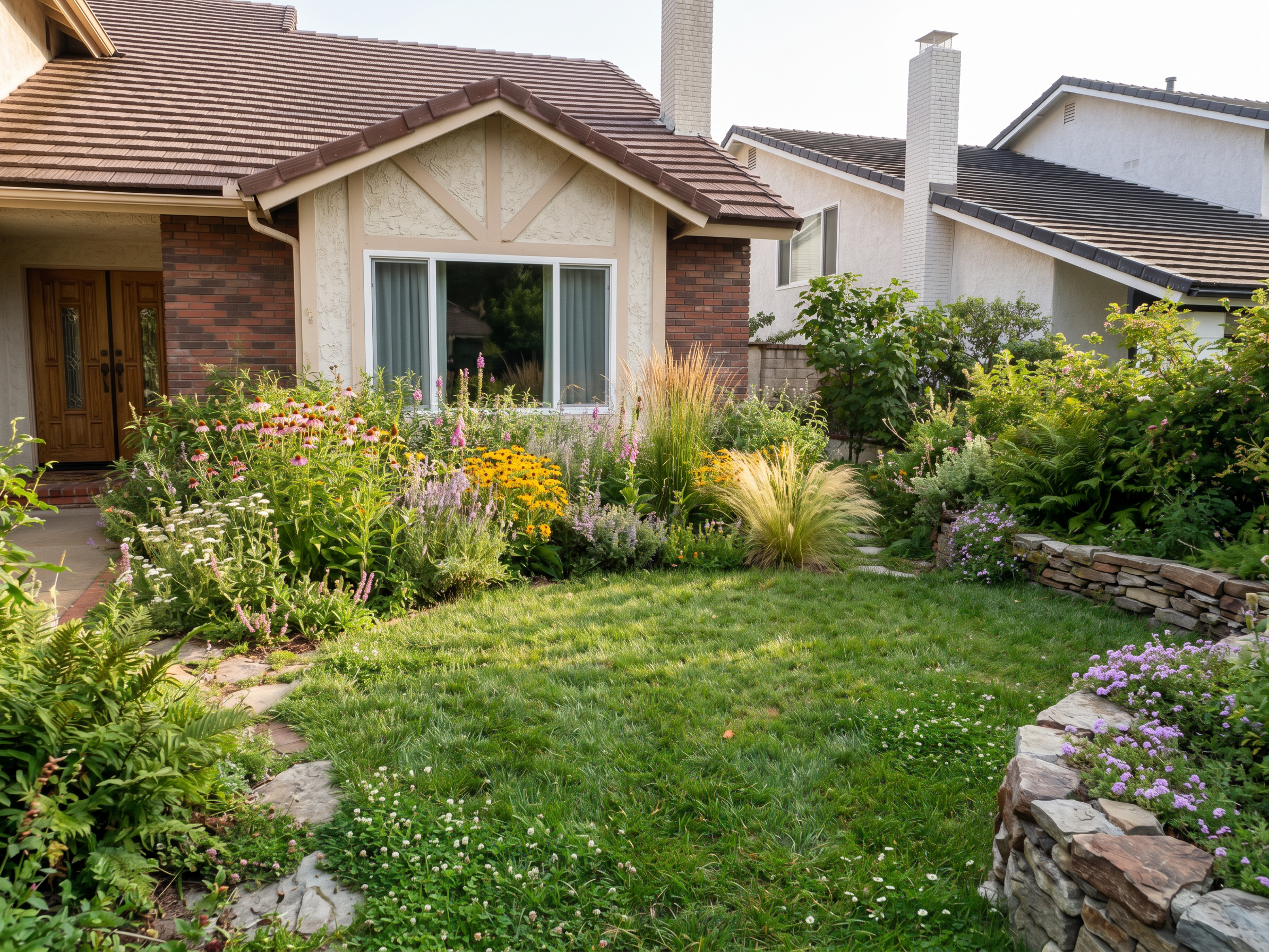 Wildflower Front Garden with Layered Stone Edging | ArchitectGPT
